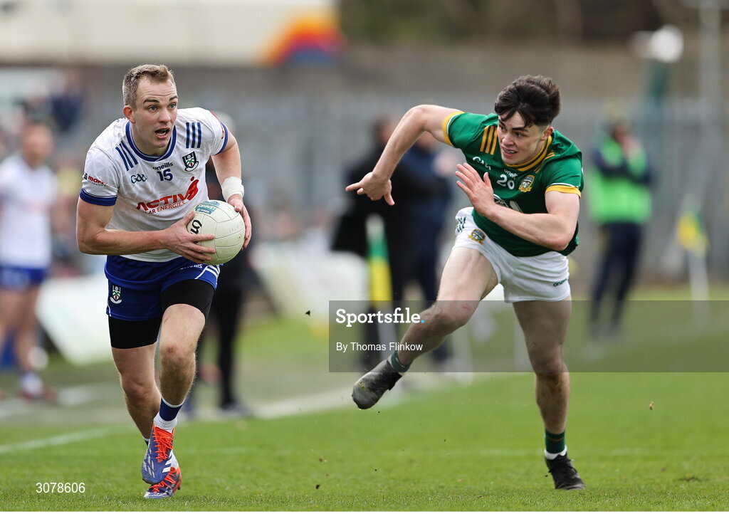16 March 2025; Jack Mc Carron of Monaghan in action against Eoin Harkin of Meath during the Allianz Football League Division 2 match between Meath and Monaghan at Páirc Tailteann in Navan, Meath. Photo by Thomas Flinkow/Sportsfile