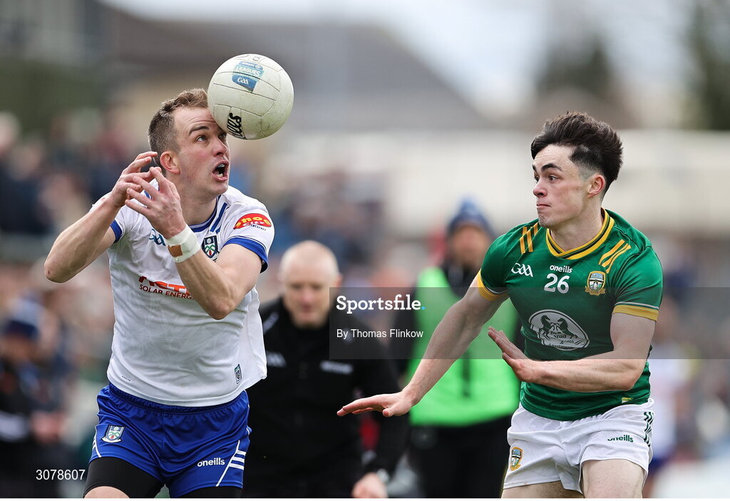 16 March 2025; Jack Mc Carron of Monaghan in action against Eoin Harkin of Meath during the Allianz Football League Division 2 match between Meath and Monaghan at Páirc Tailteann in Navan, Meath. Photo by Thomas Flinkow/Sportsfile