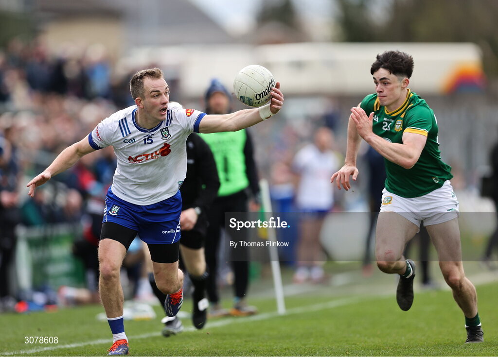 16 March 2025; Jack Mc Carron of Monaghan in action against Eoin Harkin of Meath during the Allianz Football League Division 2 match between Meath and Monaghan at Páirc Tailteann in Navan, Meath. Photo by Thomas Flinkow/Sportsfile