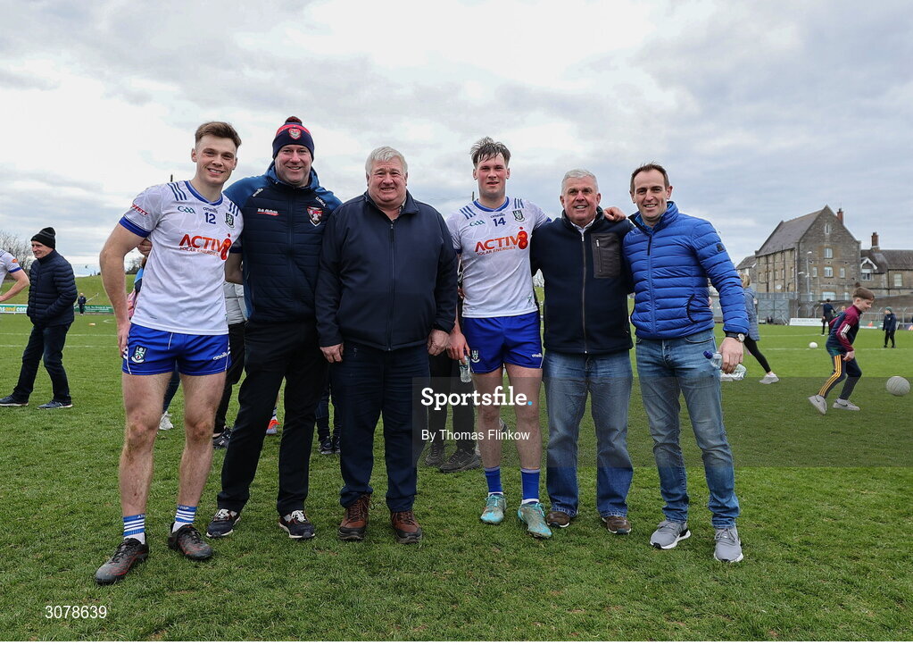 16 March 2025; Monaghan players Ciaran McNulty, left, and Andrew Woods with supporters after the Allianz Football League Division 2 match between Meath and Monaghan at Páirc Tailteann in Navan, Meath. Photo by Thomas Flinkow/Sportsfile