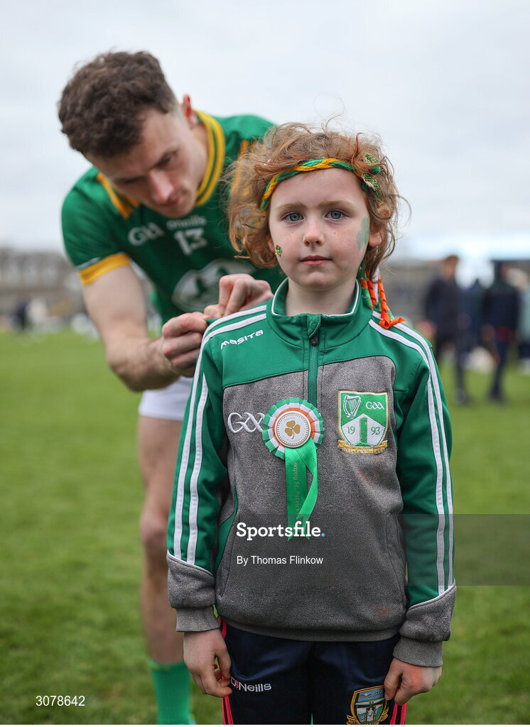 16 March 2025; Meath supporter Fiona O'Reilly, age 5, has her jersey signed by Jordan Morris after the Allianz Football League Division 2 match between Meath and Monaghan at Páirc Tailteann in Navan, Meath. Photo by Thomas Flinkow/Sportsfile