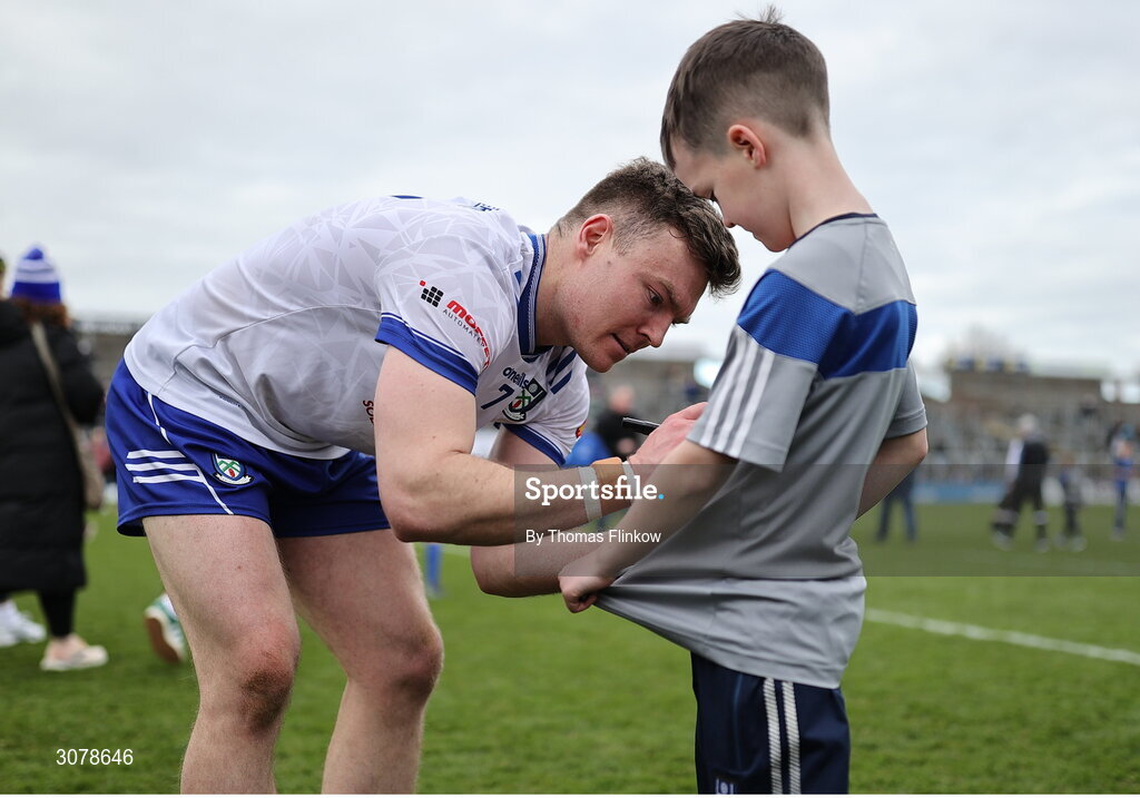 16 March 2025; Conor McCarthy of Monaghan signs a supporters jersey after the Allianz Football League Division 2 match between Meath and Monaghan at Páirc Tailteann in Navan, Meath. Photo by Thomas Flinkow/Sportsfile