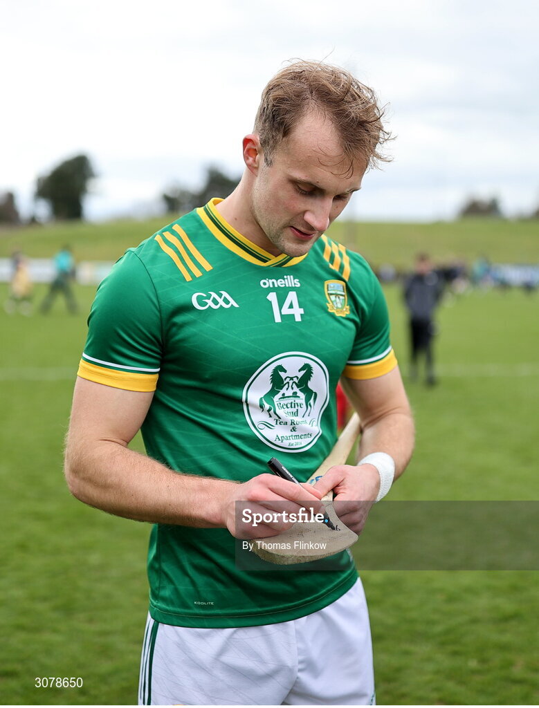 16 March 2025; Shane Walsh of Meath signs a supporters hurley after the Allianz Football League Division 2 match between Meath and Monaghan at Páirc Tailteann in Navan, Meath. Photo by Thomas Flinkow/Sportsfile