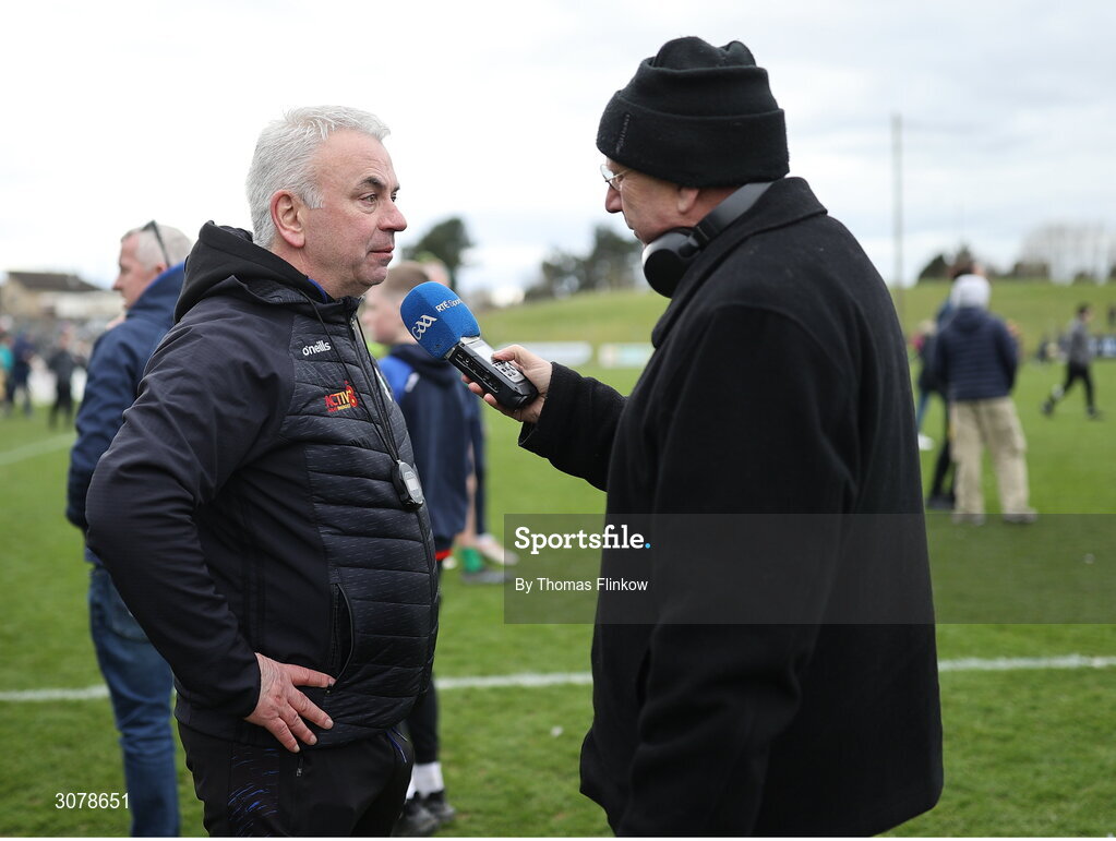 16 March 2025; Monaghan manager Gabriel Bannigan is interviewed after the Allianz Football League Division 2 match between Meath and Monaghan at Páirc Tailteann in Navan, Meath. Photo by Thomas Flinkow/Sportsfile