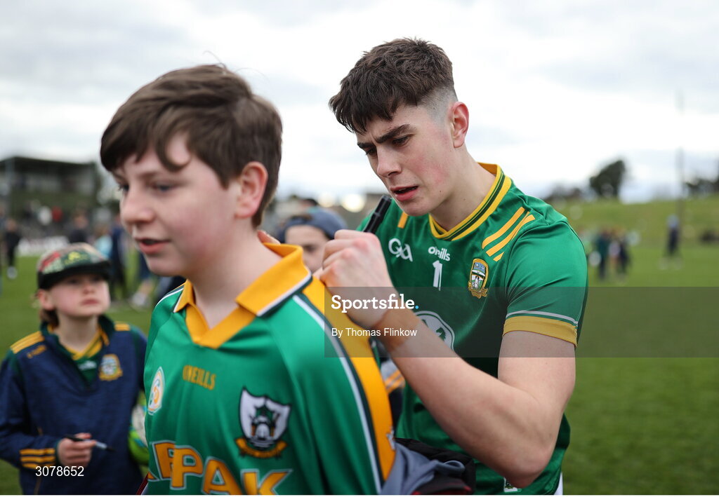 16 March 2025; Jack Kinlough of Meath signs a supporter's jersey after the Allianz Football League Division 2 match between Meath and Monaghan at Páirc Tailteann in Navan, Meath. Photo by Thomas Flinkow/Sportsfile