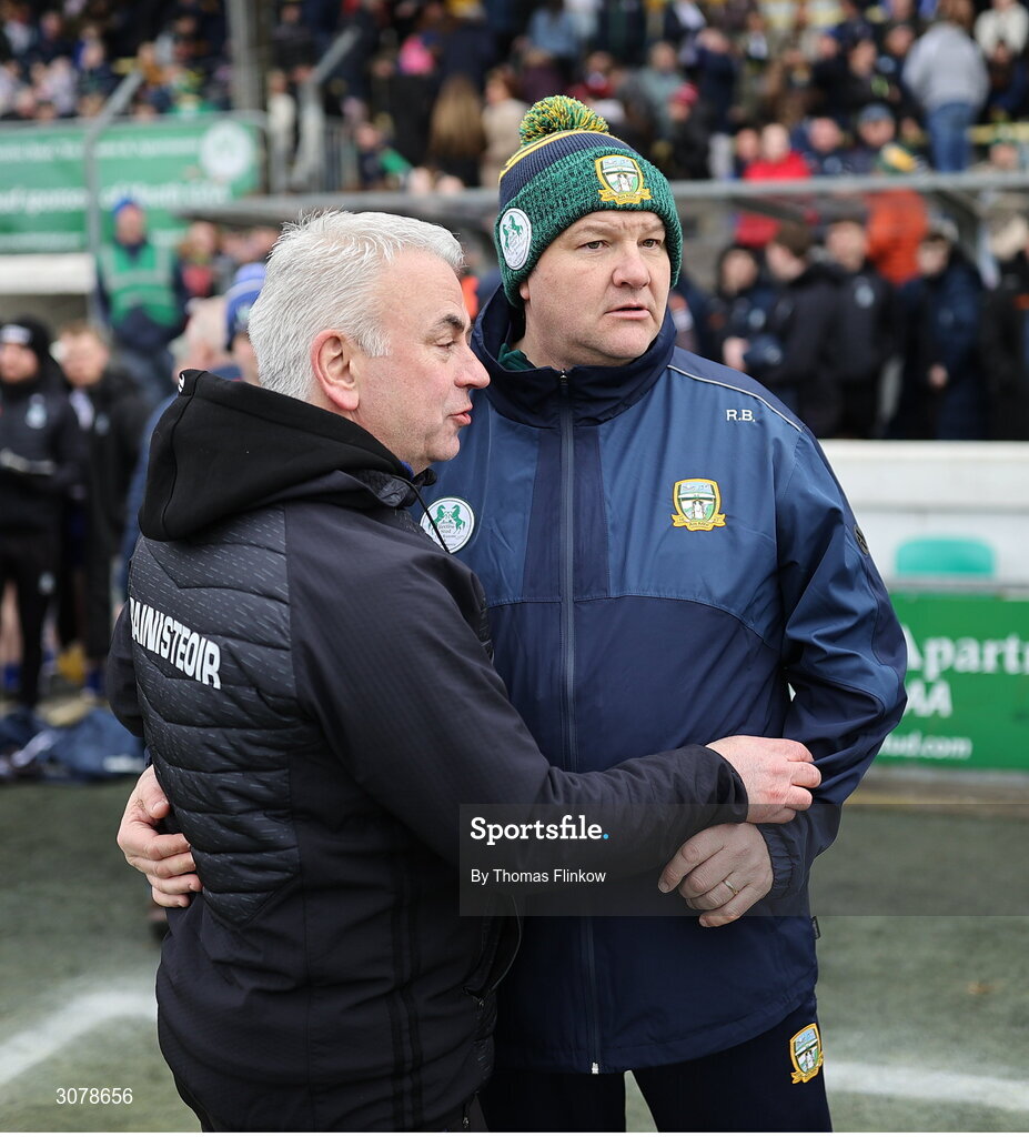 16 March 2025; Monaghan manager Gabriel Bannigan, left, and Meath manager Robbie Brennan after the Allianz Football League Division 2 match between Meath and Monaghan at Páirc Tailteann in Navan, Meath. Photo by Thomas Flinkow/Sportsfile