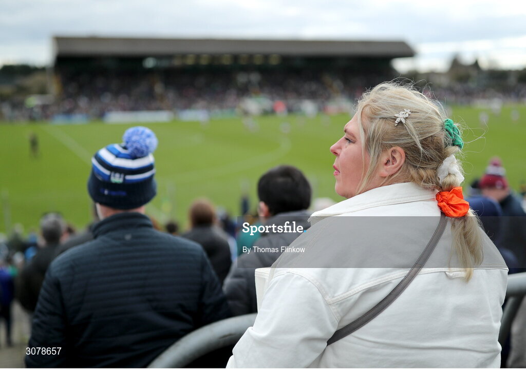 16 March 2025; A spectator watches on during the Allianz Football League Division 2 match between Meath and Monaghan at Páirc Tailteann in Navan, Meath. Photo by Thomas Flinkow/Sportsfile
