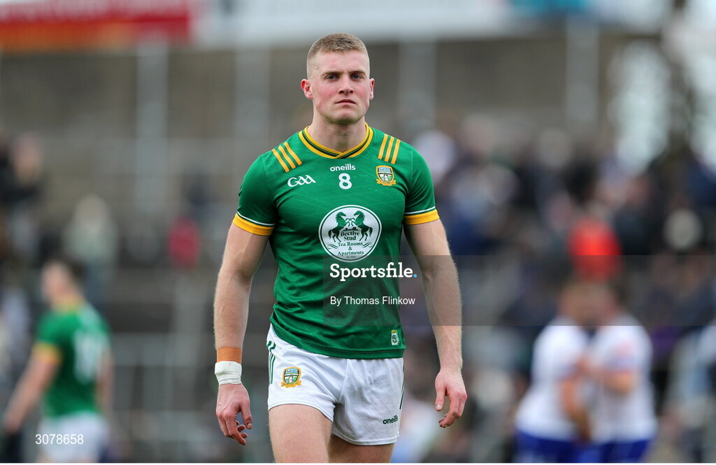16 March 2025; A dejected Jack Flynn of Meath after his side's defeat in the Allianz Football League Division 2 match between Meath and Monaghan at Páirc Tailteann in Navan, Meath. Photo by Thomas Flinkow/Sportsfile