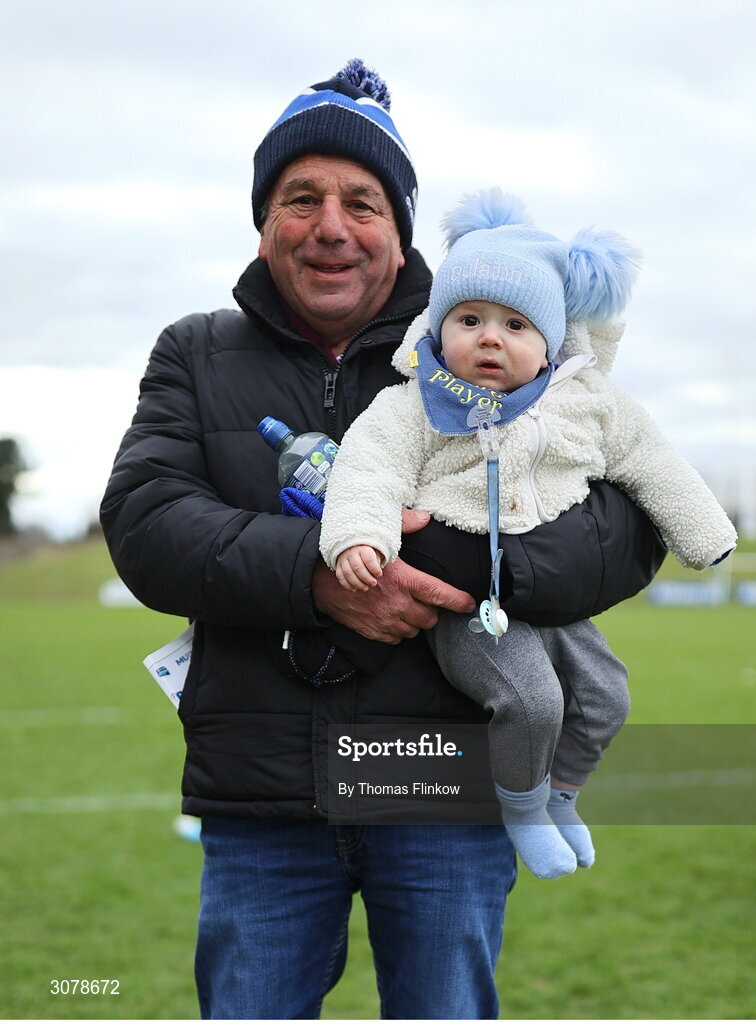 16 March 2025; Monaghan supporters Andy Wylie and grandson Cullain Ready, age 11 months, after the Allianz Football League Division 2 match between Meath and Monaghan at Páirc Tailteann in Navan, Meath. Photo by Thomas Flinkow/Sportsfile