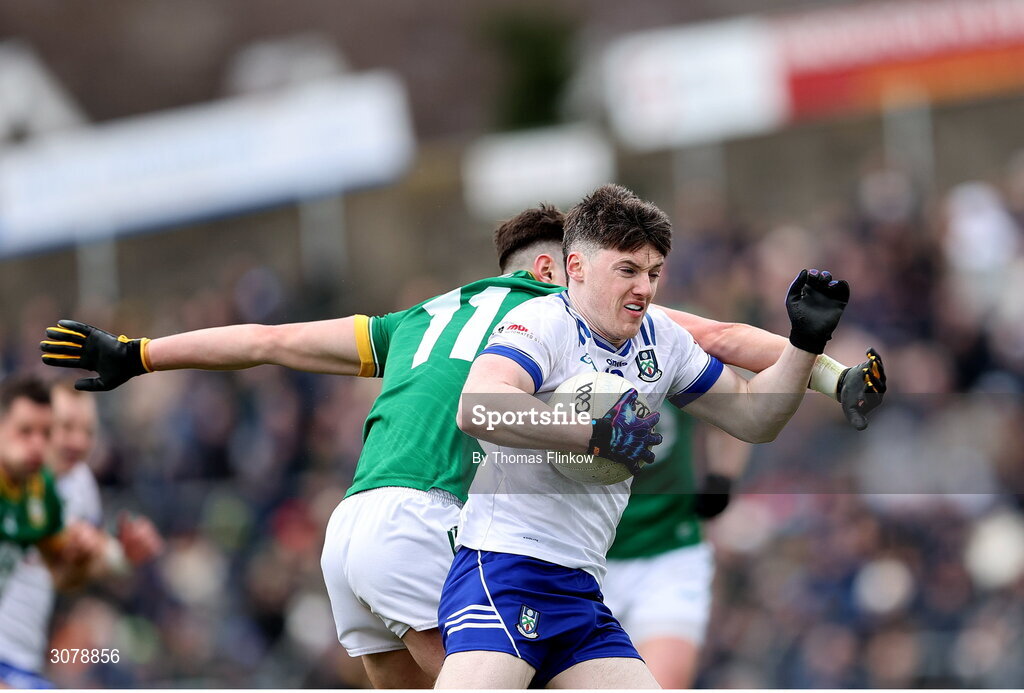 16 March 2025; Stephen O'Hanlon of Monaghan in action against Jack Kinlough of Meath during the Allianz Football League Division 2 match between Meath and Monaghan at Páirc Tailteann in Navan, Meath. Photo by Thomas Flinkow/Sportsfile