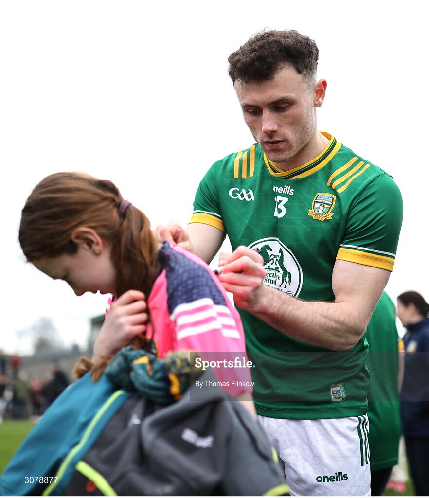 16 March 2025; Jordan Morris of Meath signs a supporter's jersey after the Allianz Football League Division 2 match between Meath and Monaghan at Páirc Tailteann in Navan, Meath. Photo by Thomas Flinkow/Sportsfile