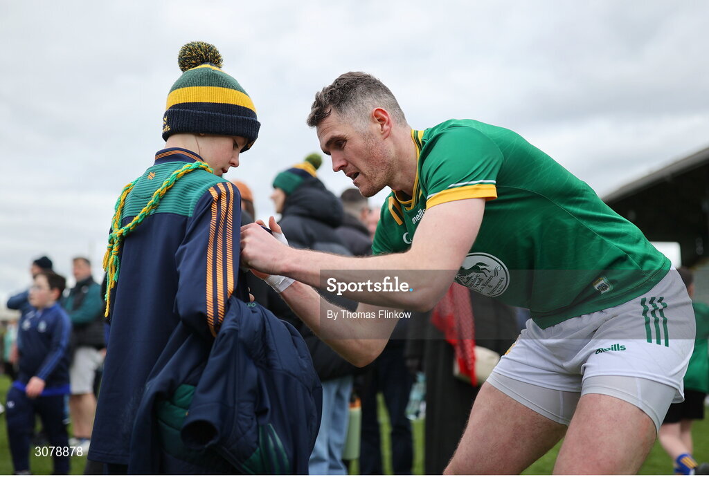 16 March 2025; Bryan Menton of Meath signs a supporter's jersey after the Allianz Football League Division 2 match between Meath and Monaghan at Páirc Tailteann in Navan, Meath. Photo by Thomas Flinkow/Sportsfile