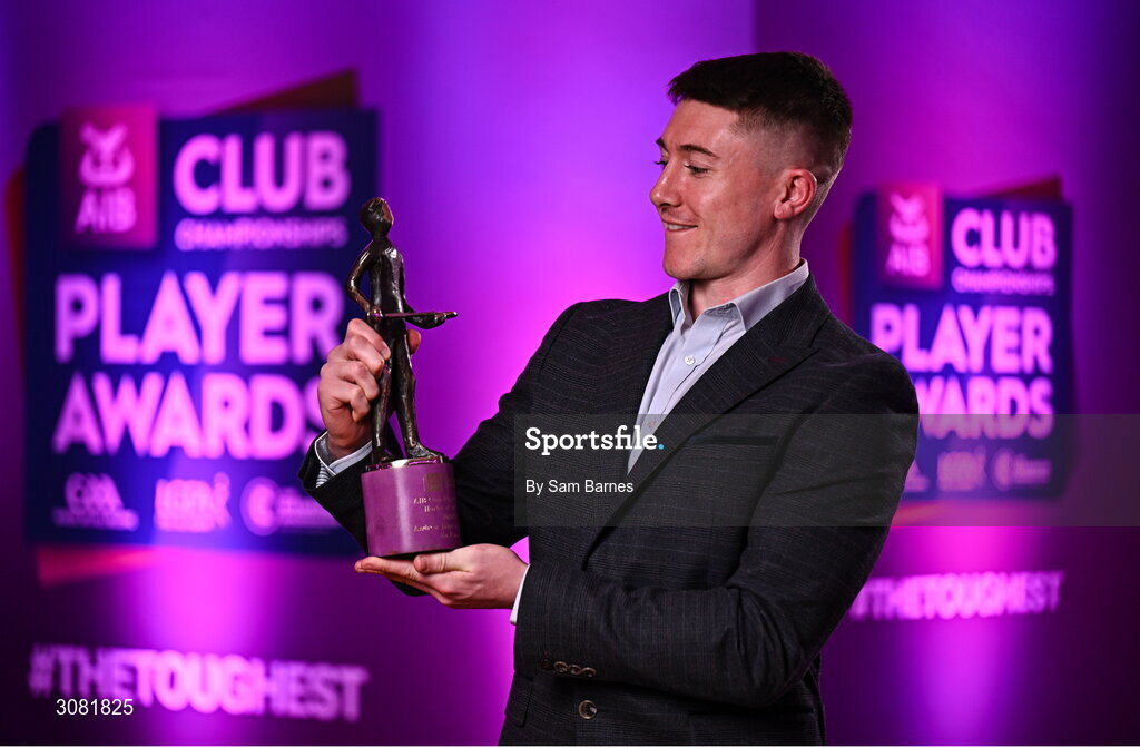 21 March 2025; Na Fianna hurler Andrew Jamieson-Murphy with his 2024/25 AIB GAA Hurling Club Championship Player of the Year award during the AIB Club Player Awards at Croke Park in Dublin. The AIB Club Player Awards celebrated the best players from club Football, Hurling, Camogie, and LGFA in a single ceremony for the first time, recognising their outstanding achievements on the field throughout the season. Photo by Sam Barnes/Sportsfile