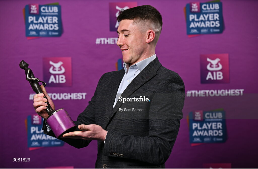 21 March 2025; Na Fianna hurler Andrew Jamieson-Murphy with his 2024/25 AIB GAA Hurling Club Championship Player of the Year award during the AIB Club Player Awards at Croke Park in Dublin. The AIB Club Player Awards celebrated the best players from club Football, Hurling, Camogie, and LGFA in a single ceremony for the first time, recognising their outstanding achievements on the field throughout the season. Photo by Sam Barnes/Sportsfile