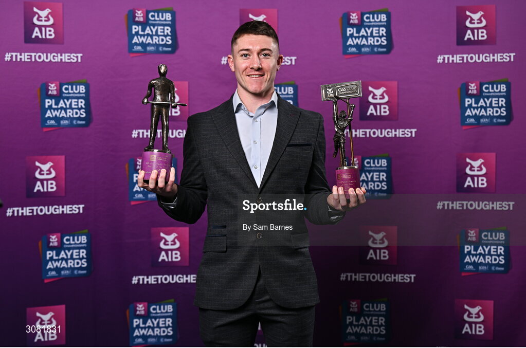 21 March 2025; Na Fianna hurler Andrew Jamieson-Murphy with his 2024/25 AIB GAA Hurling Club Championship Player of the Year award and AIB Club Hurling Team of the Year Award during the AIB Club Player Awards at Croke Park in Dublin. The AIB Club Player Awards celebrated the best players from club Football, Hurling, Camogie, and LGFA in a single ceremony for the first time, recognising their outstanding achievements on the field throughout the season. Photo by Sam Barnes/Sportsfile