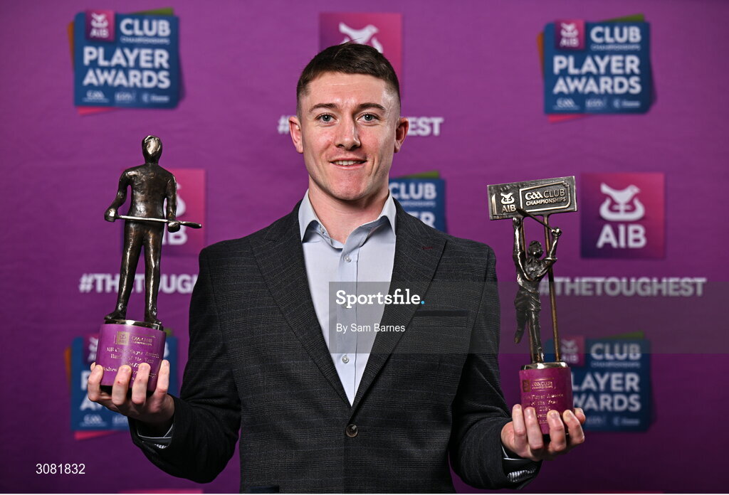 21 March 2025; Na Fianna hurler Andrew Jamieson-Murphy with his 2024/25 AIB GAA Hurling Club Championship Player of the Year award and AIB Club Hurling Team of the Year Award during the AIB Club Player Awards at Croke Park in Dublin. The AIB Club Player Awards celebrated the best players from club Football, Hurling, Camogie, and LGFA in a single ceremony for the first time, recognising their outstanding achievements on the field throughout the season. Photo by Sam Barnes/Sportsfile