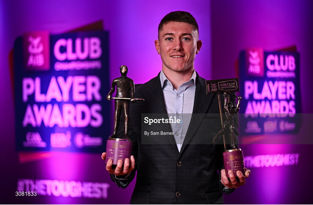 21 March 2025; Na Fianna hurler Andrew Jamieson-Murphy with his 2024/25 AIB GAA Hurling Club Championship Player of the Year award and AIB Club Hurling Team of the Year Award during the AIB Club Player Awards at Croke Park in Dublin. The AIB Club Player Awards celebrated the best players from club Football, Hurling, Camogie, and LGFA in a single ceremony for the first time, recognising their outstanding achievements on the field throughout the season. Photo by Sam Barnes/Sportsfile
