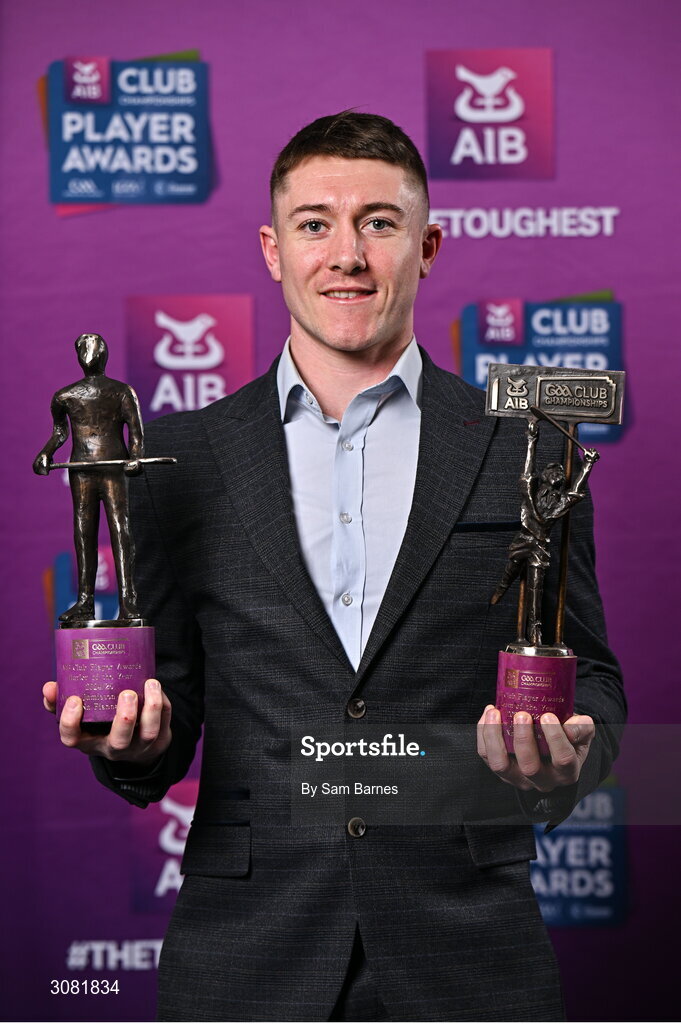 21 March 2025; Na Fianna hurler Andrew Jamieson-Murphy with his 2024/25 AIB GAA Hurling Club Championship Player of the Year award and AIB Club Hurling Team of the Year Award during the AIB Club Player Awards at Croke Park in Dublin. The AIB Club Player Awards celebrated the best players from club Football, Hurling, Camogie, and LGFA in a single ceremony for the first time, recognising their outstanding achievements on the field throughout the season. Photo by Sam Barnes/Sportsfile