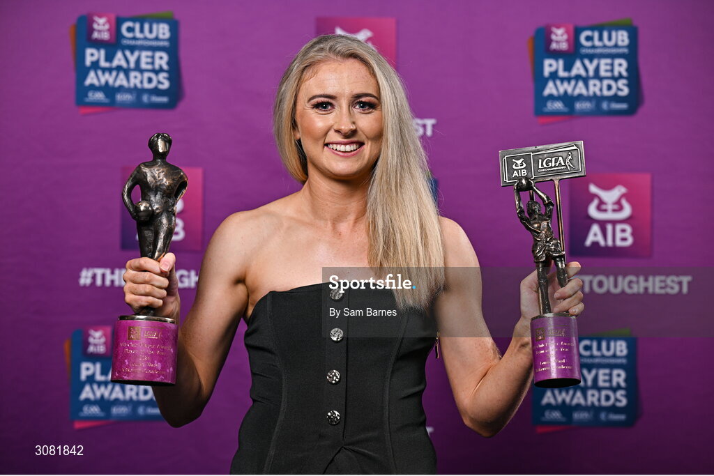 21 March 2025; Kilkerrin-Clonberne ladies footballer Louise Ward with her 2024 AIB Ladies Gaelic Football Club Championship Player of the Year award and AIB Club Ladies Football Team of the Year Award during the AIB Club Player Awards at Croke Park in Dublin. The AIB Club Player Awards celebrated the best players from club Football, Hurling, Camogie, and LGFA in a single ceremony for the first time, recognising their outstanding achievements on the field throughout the season. Photo by Sam Barnes/Sportsfile