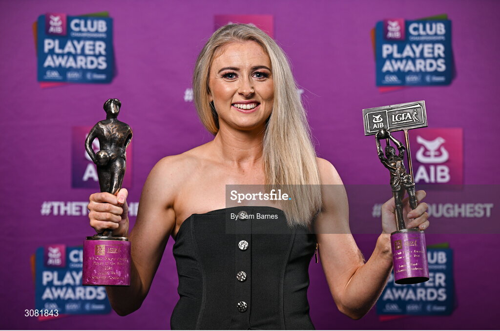21 March 2025; Kilkerrin-Clonberne ladies footballer Louise Ward with her 2024 AIB Ladies Gaelic Football Club Championship Player of the Year award and AIB Club Ladies Football Team of the Year Award during the AIB Club Player Awards at Croke Park in Dublin. The AIB Club Player Awards celebrated the best players from club Football, Hurling, Camogie, and LGFA in a single ceremony for the first time, recognising their outstanding achievements on the field throughout the season. Photo by Sam Barnes/Sportsfile