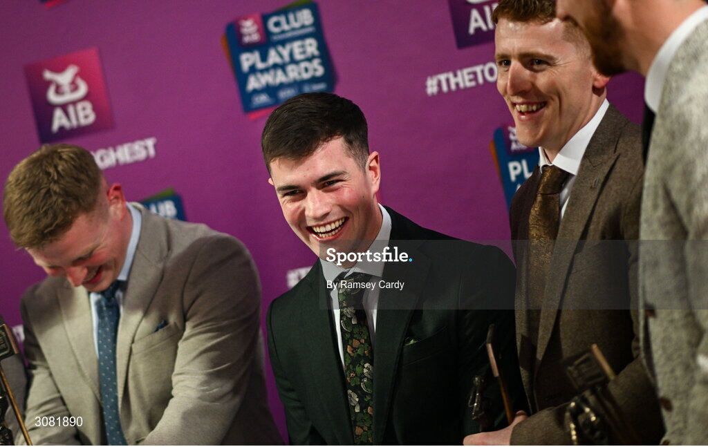 21 March 2025; Errigal Ciaran footballers, from left, Peter Óg McCartan, Ruairí Canavan and Peter Harte during the AIB Club Player Awards at Croke Park in Dublin. The AIB Club Player Awards celebrated the best players from club Football, Hurling, Camogie, and LGFA in a single ceremony for the first time, recognising their outstanding achievements on the field throughout the season. Photo by Ramsey Cardy/Sportsfile
