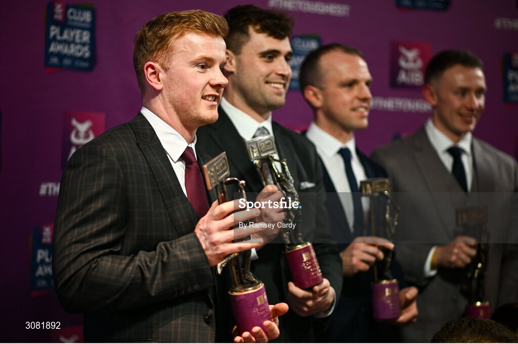 21 March 2025; Na Fianna hurler Conor McHugh and his Na Fianna teammates during the AIB Club Player Awards at Croke Park in Dublin. The AIB Club Player Awards celebrated the best players from club Football, Hurling, Camogie, and LGFA in a single ceremony for the first time, recognising their outstanding achievements on the field throughout the season. Photo by Ramsey Cardy/Sportsfile