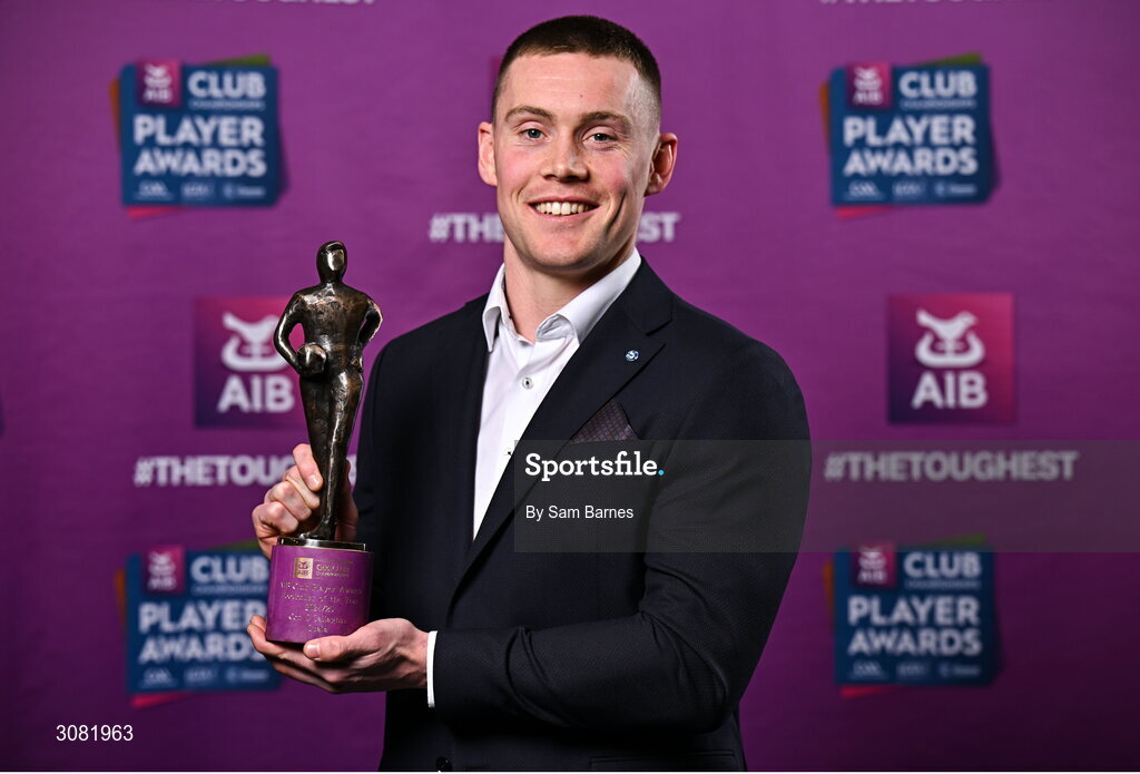 21 March 2025; Cuala footballer Con O’Callaghan with his 2024/25 AIB GAA Club Football Player of the Year award during the AIB Club Player Awards at Croke Park in Dublin. The AIB Club Player Awards celebrated the best players from club Football, Hurling, Camogie, and LGFA in a single ceremony for the first time, recognising their outstanding achievements on the field throughout the season. Photo by Sam Barnes/Sportsfile