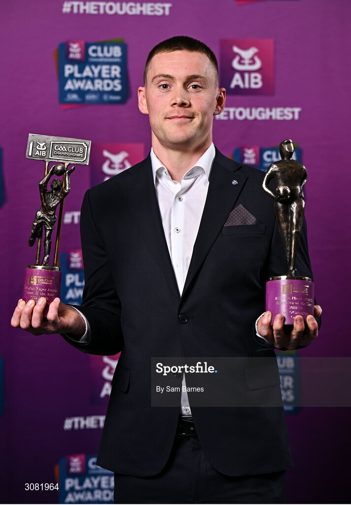 21 March 2025; Cuala footballer Con O’Callaghan with his 2024/25 AIB GAA Club Football Player of the Year award and AIB Club Football Team of the Year Award during the AIB Club Player Awards at Croke Park in Dublin. The AIB Club Player Awards celebrated the best players from club Football, Hurling, Camogie, and LGFA in a single ceremony for the first time, recognising their outstanding achievements on the field throughout the season. Photo by Sam Barnes/Sportsfile