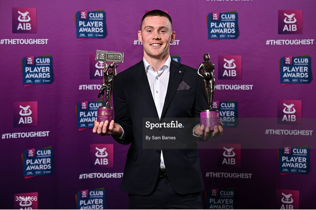 21 March 2025; Cuala footballer Con O’Callaghan with his 2024/25 AIB GAA Club Football Player of the Year award and AIB Club Football Team of the Year Award during the AIB Club Player Awards at Croke Park in Dublin. The AIB Club Player Awards celebrated the best players from club Football, Hurling, Camogie, and LGFA in a single ceremony for the first time, recognising their outstanding achievements on the field throughout the season. Photo by Sam Barnes/Sportsfile
