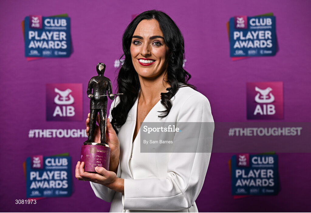 21 March 2025; Sarsfields camogie player Niamh McGrath with her 2024 Camogie Club Championship Player of the Year award during the AIB Club Player Awards at Croke Park in Dublin. The AIB Club Player Awards celebrated the best players from club Football, Hurling, Camogie, and LGFA in a single ceremony for the first time, recognising their outstanding achievements on the field throughout the season. Photo by Sam Barnes/Sportsfile