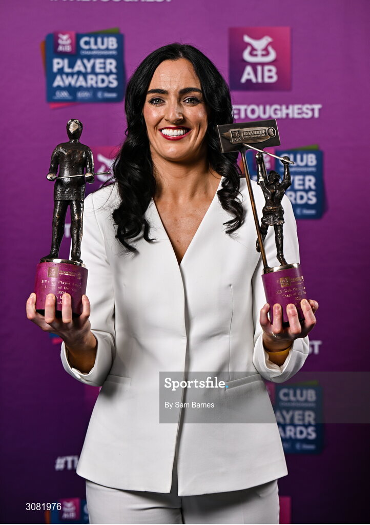 21 March 2025; Sarsfields camogie player Niamh McGrath with her 2024 Camogie Club Championship Player of the Year award and AIB Club Camogie Team of the Year Award during the AIB Club Player Awards at Croke Park in Dublin. The AIB Club Player Awards celebrated the best players from club Football, Hurling, Camogie, and LGFA in a single ceremony for the first time, recognising their outstanding achievements on the field throughout the season. Photo by Sam Barnes/Sportsfile