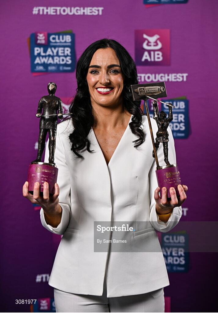 21 March 2025; Sarsfields camogie player Niamh McGrath with her 2024 Camogie Club Championship Player of the Year award and AIB Club Camogie Team of the Year Award during the AIB Club Player Awards at Croke Park in Dublin. The AIB Club Player Awards celebrated the best players from club Football, Hurling, Camogie, and LGFA in a single ceremony for the first time, recognising their outstanding achievements on the field throughout the season. Photo by Sam Barnes/Sportsfile