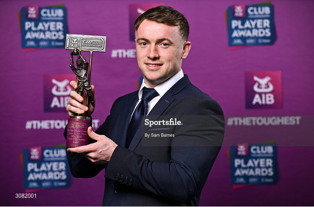 21 March 2025; Cuala footballer Niall O'Callaghan with his 2024/25 Football Team of the Year award during the AIB Club Player Awards at Croke Park in Dublin. The AIB Club Player Awards celebrated the best players from club Football, Hurling, Camogie, and LGFA in a single ceremony for the first time, recognising their outstanding achievements on the field throughout the season. Photo by Sam Barnes/Sportsfile
