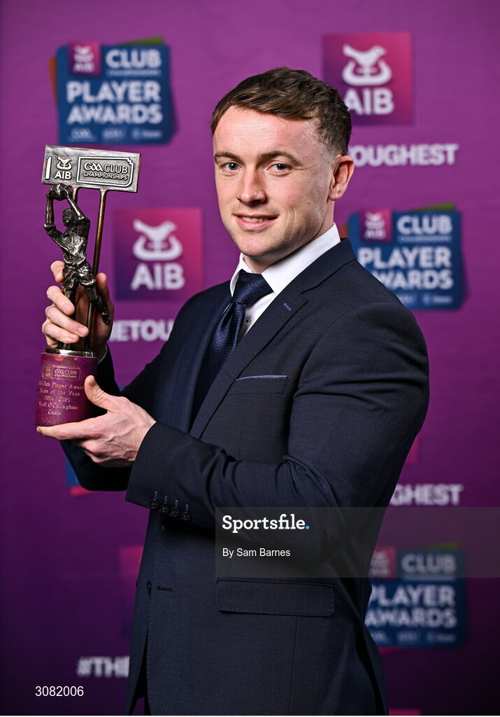 21 March 2025; Cuala footballer Niall O'Callaghan with his 2024/25 Football Team of the Year award during the AIB Club Player Awards at Croke Park in Dublin. The AIB Club Player Awards celebrated the best players from club Football, Hurling, Camogie, and LGFA in a single ceremony for the first time, recognising their outstanding achievements on the field throughout the season. Photo by Sam Barnes/Sportsfile