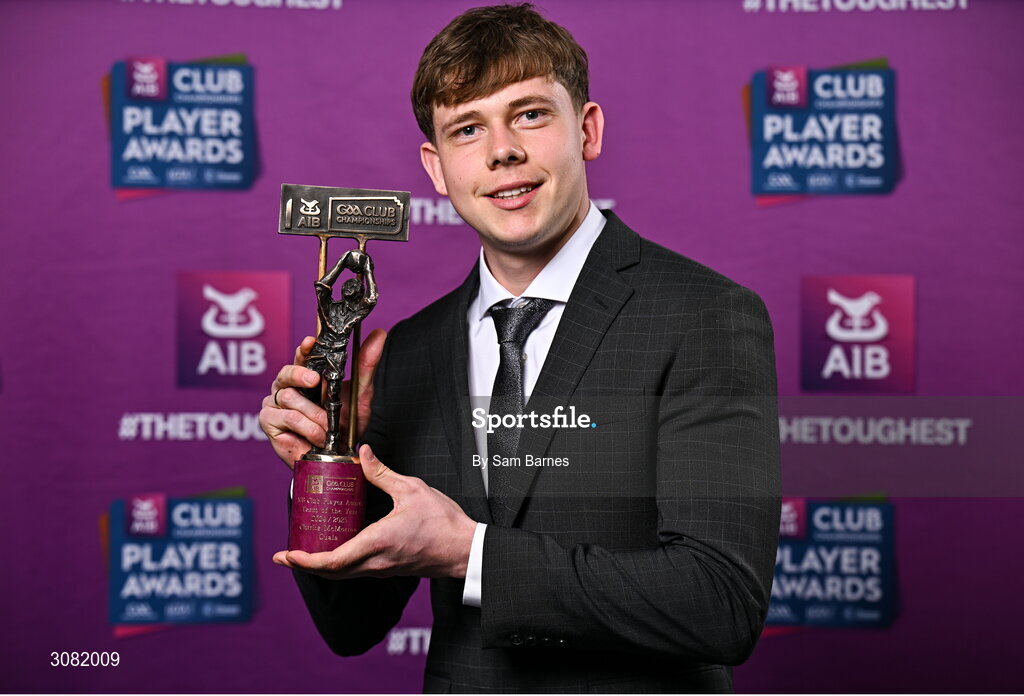 21 March 2025; Cuala footballer Charlie McMorrow with his 2024/25 Football Team of the Year award during the AIB Club Player Awards at Croke Park in Dublin. The AIB Club Player Awards celebrated the best players from club Football, Hurling, Camogie, and LGFA in a single ceremony for the first time, recognising their outstanding achievements on the field throughout the season. Photo by Sam Barnes/Sportsfile