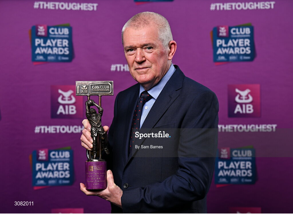 21 March 2025; Conor Fitzsimons, father of Cuala footballer Michael Fitzsimons, with his sons 2024/25 Football Team of the Year award during the AIB Club Player Awards at Croke Park in Dublin. The AIB Club Player Awards celebrated the best players from club Football, Hurling, Camogie, and LGFA in a single ceremony for the first time, recognising their outstanding achievements on the field throughout the season. Photo by Sam Barnes/Sportsfile