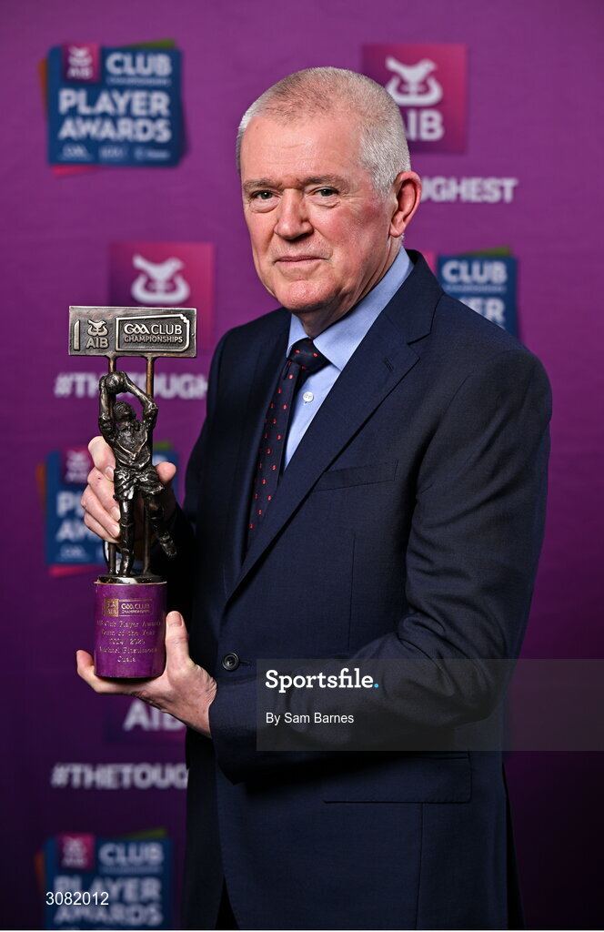 21 March 2025; Conor Fitzsimons, father of Cuala footballer Michael Fitzsimons, with his sons 2024/25 Football Team of the Year award during the AIB Club Player Awards at Croke Park in Dublin. The AIB Club Player Awards celebrated the best players from club Football, Hurling, Camogie, and LGFA in a single ceremony for the first time, recognising their outstanding achievements on the field throughout the season. Photo by Sam Barnes/Sportsfile