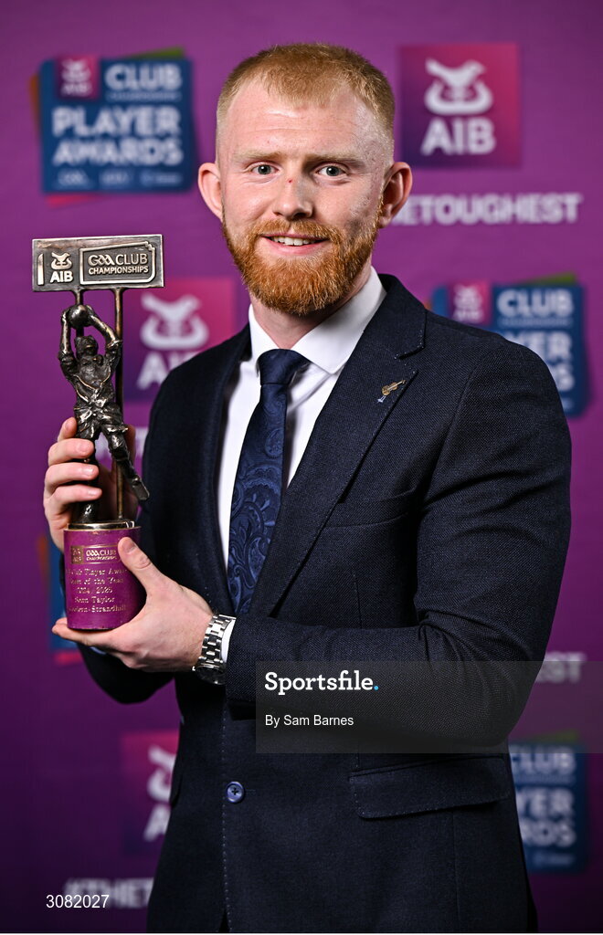 21 March 2025; Coolera-Strandhill footballer Seán Taylor with his 2024/25 Football Team of the Year award during the AIB Club Player Awards at Croke Park in Dublin. The AIB Club Player Awards celebrated the best players from club Football, Hurling, Camogie, and LGFA in a single ceremony for the first time, recognising their outstanding achievements on the field throughout the season. Photo by Sam Barnes/Sportsfile