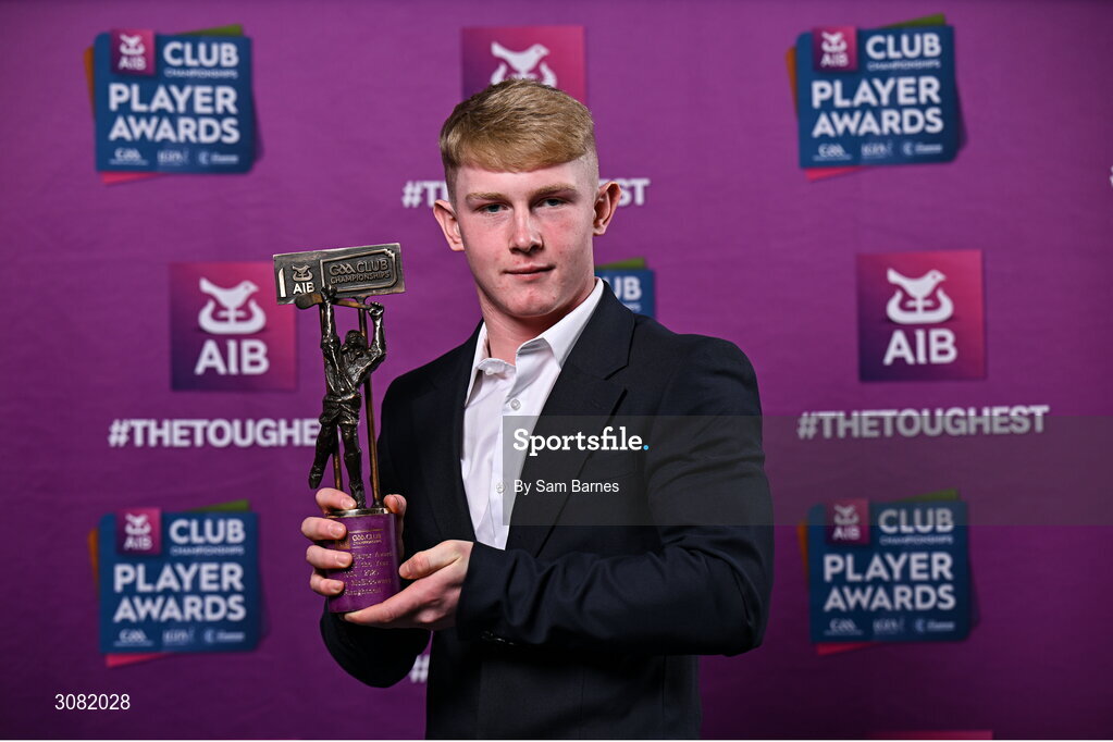 21 March 2025; Slaughtneil hurler Fionn McEldowney with his 2024/25 Hurling Team of the Year award during the AIB Club Player Awards at Croke Park in Dublin. The AIB Club Player Awards celebrated the best players from club Football, Hurling, Camogie, and LGFA in a single ceremony for the first time, recognising their outstanding achievements on the field throughout the season. Photo by Sam Barnes/Sportsfile
