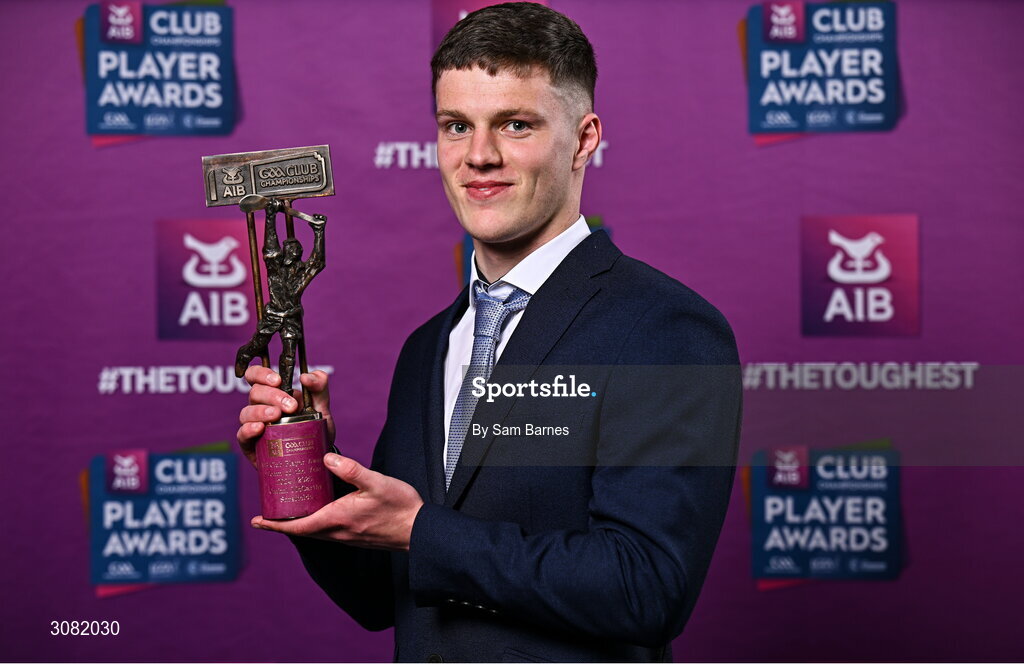 21 March 2025; Sarsfields hurler Cathal McCarthy with his 2024/25 Hurling Team of the Year award during the AIB Club Player Awards at Croke Park in Dublin. The AIB Club Player Awards celebrated the best players from club Football, Hurling, Camogie, and LGFA in a single ceremony for the first time, recognising their outstanding achievements on the field throughout the season. Photo by Sam Barnes/Sportsfile