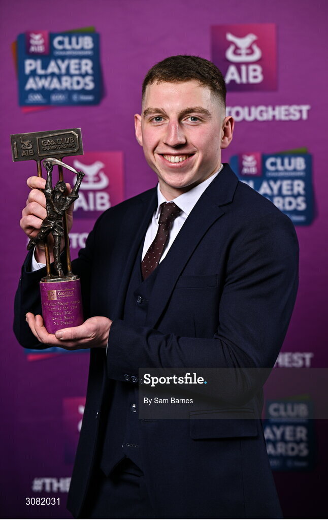 21 March 2025; Na Fianna hurler Kevin Burke with his 2024/25 Hurling Team of the Year award during the AIB Club Player Awards at Croke Park in Dublin. The AIB Club Player Awards celebrated the best players from club Football, Hurling, Camogie, and LGFA in a single ceremony for the first time, recognising their outstanding achievements on the field throughout the season. Photo by Sam Barnes/Sportsfile