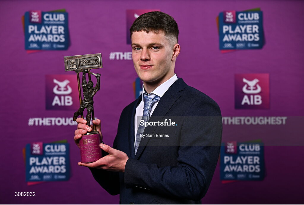 21 March 2025; Sarsfields hurler Cathal McCarthy with his 2024/25 Hurling Team of the Year award during the AIB Club Player Awards at Croke Park in Dublin. The AIB Club Player Awards celebrated the best players from club Football, Hurling, Camogie, and LGFA in a single ceremony for the first time, recognising their outstanding achievements on the field throughout the season. Photo by Sam Barnes/Sportsfile