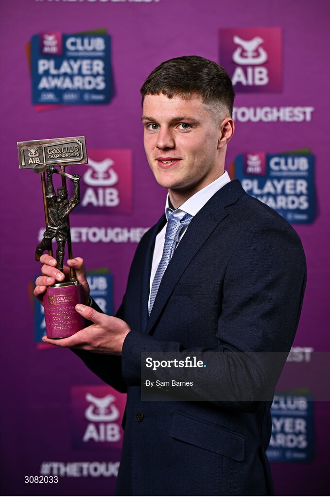 21 March 2025; Sarsfields hurler Cathal McCarthy with his 2024/25 Hurling Team of the Year award during the AIB Club Player Awards at Croke Park in Dublin. The AIB Club Player Awards celebrated the best players from club Football, Hurling, Camogie, and LGFA in a single ceremony for the first time, recognising their outstanding achievements on the field throughout the season. Photo by Sam Barnes/Sportsfile