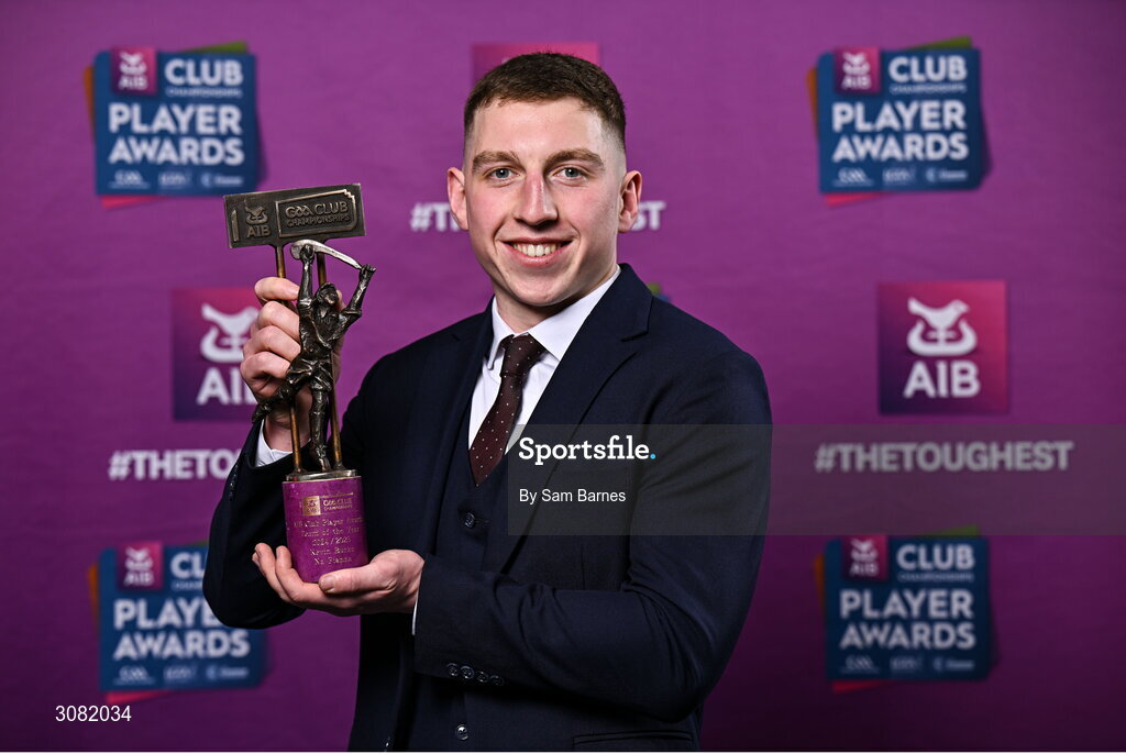21 March 2025; Na Fianna hurler Kevin Burke with his 2024/25 Hurling Team of the Year award during the AIB Club Player Awards at Croke Park in Dublin. The AIB Club Player Awards celebrated the best players from club Football, Hurling, Camogie, and LGFA in a single ceremony for the first time, recognising their outstanding achievements on the field throughout the season. Photo by Sam Barnes/Sportsfile
