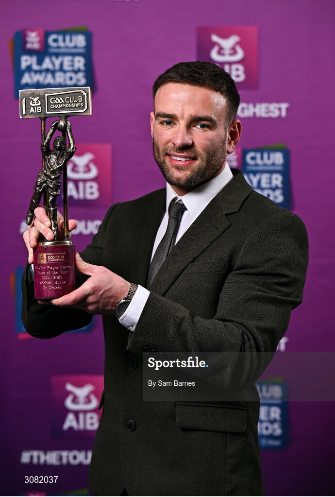 21 March 2025; Dr Crokes footballer Micheál Burns with his 2024/25 Football Team of the Year award during the AIB Club Player Awards at Croke Park in Dublin. The AIB Club Player Awards celebrated the best players from club Football, Hurling, Camogie, and LGFA in a single ceremony for the first time, recognising their outstanding achievements on the field throughout the season. Photo by Sam Barnes/Sportsfile