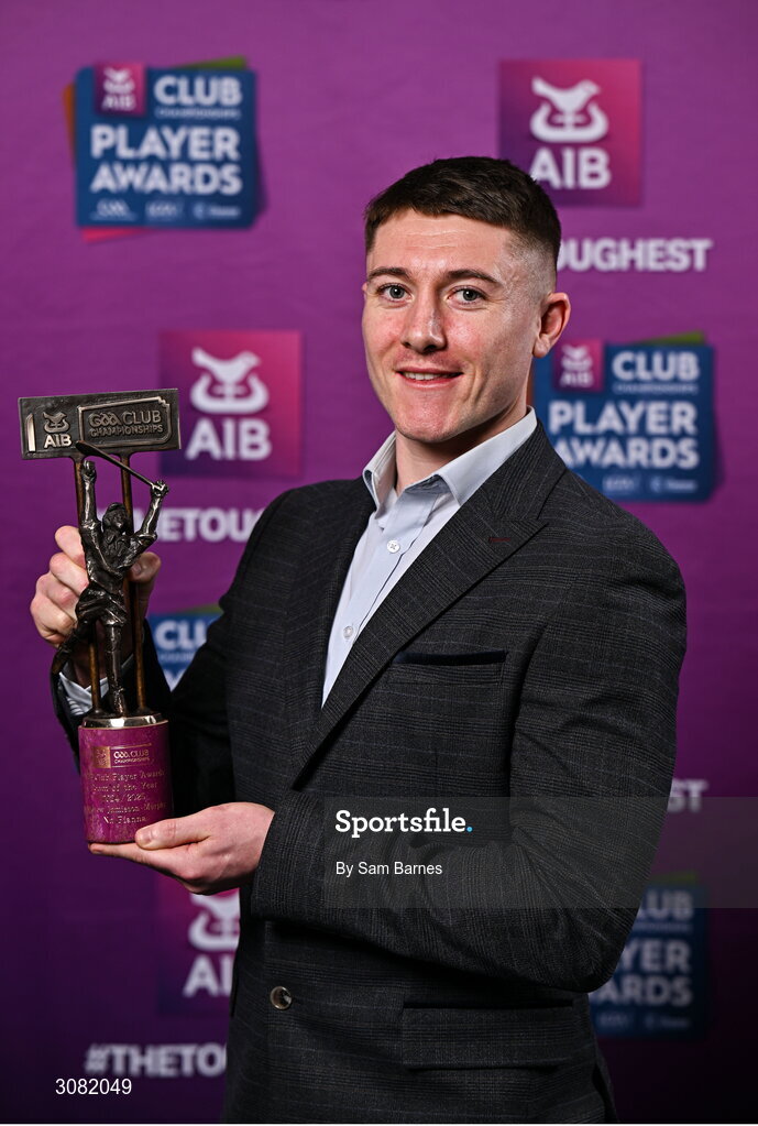 21 March 2025; Na Fianna hurler Andrew Jamieson-Murphy with his 2024/25 Hurling Team of the Year award during the AIB Club Player Awards at Croke Park in Dublin. The AIB Club Player Awards celebrated the best players from club Football, Hurling, Camogie, and LGFA in a single ceremony for the first time, recognising their outstanding achievements on the field throughout the season. Photo by Sam Barnes/Sportsfile