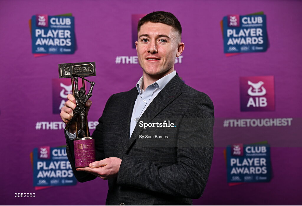 21 March 2025; Na Fianna hurler Andrew Jamieson-Murphy with his 2024/25 Hurling Team of the Year award during the AIB Club Player Awards at Croke Park in Dublin. The AIB Club Player Awards celebrated the best players from club Football, Hurling, Camogie, and LGFA in a single ceremony for the first time, recognising their outstanding achievements on the field throughout the season. Photo by Sam Barnes/Sportsfile