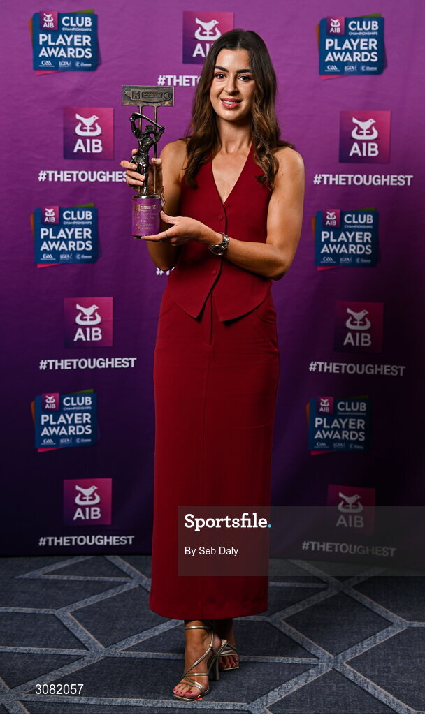 21 March 2025; Sarsfields camogie player Klara Donohue with her 2024 Camogie Team of the Year award during the AIB Club Player Awards at Croke Park in Dublin. The AIB Club Player Awards celebrated the best players from club Football, Hurling, Camogie, and LGFA in a single ceremony for the first time, recognising their outstanding achievements on the field throughout the season. Photo by Seb Daly/Sportsfile