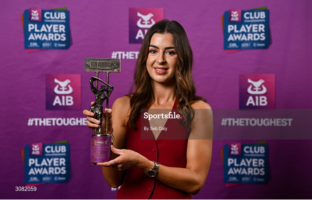 21 March 2025; Sarsfields camogie player Klara Donohue with her 2024 Camogie Team of the Year award during the AIB Club Player Awards at Croke Park in Dublin. The AIB Club Player Awards celebrated the best players from club Football, Hurling, Camogie, and LGFA in a single ceremony for the first time, recognising their outstanding achievements on the field throughout the season. Photo by Seb Daly/Sportsfile