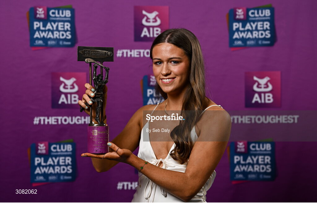 21 March 2025; Sarsfields camogie player Caoimhe Kelly with her 2024 Camogie Team of the Year award during the AIB Club Player Awards at Croke Park in Dublin. The AIB Club Player Awards celebrated the best players from club Football, Hurling, Camogie, and LGFA in a single ceremony for the first time, recognising their outstanding achievements on the field throughout the season. Photo by Seb Daly/Sportsfile